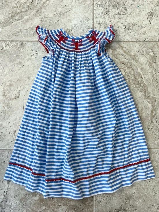 Classic Whimsy Lobster Treasures Smocked Blue Striped Angel Sleeve Dress, 4T - Picture 7 of 7